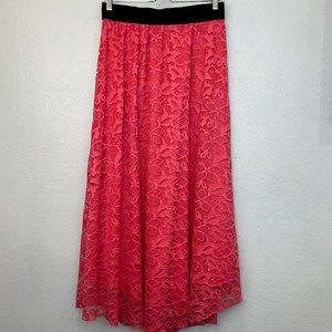 LULAROE LUCY Skirt Long Modest Coral Black Floral Lace Underlay Women Sz M